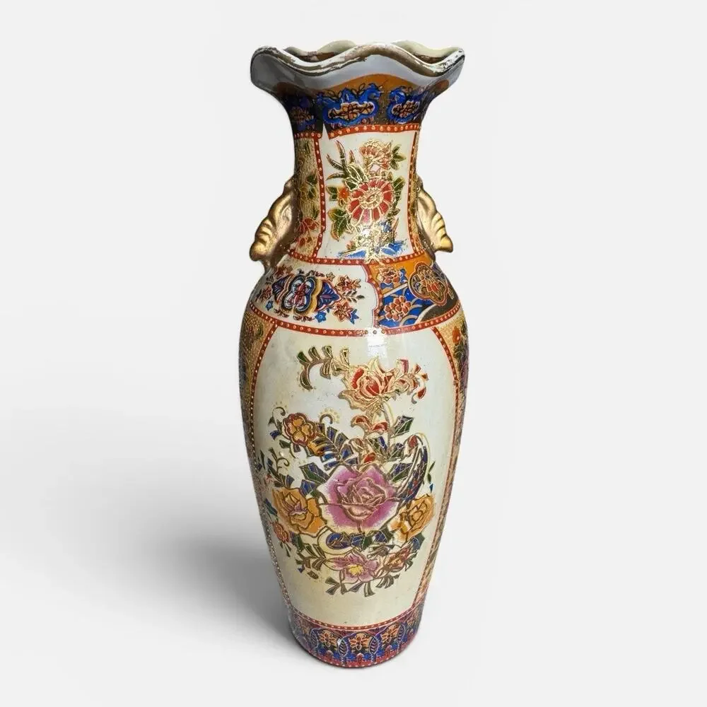 Vintage Ceramic Floral Chinese Vase 10”